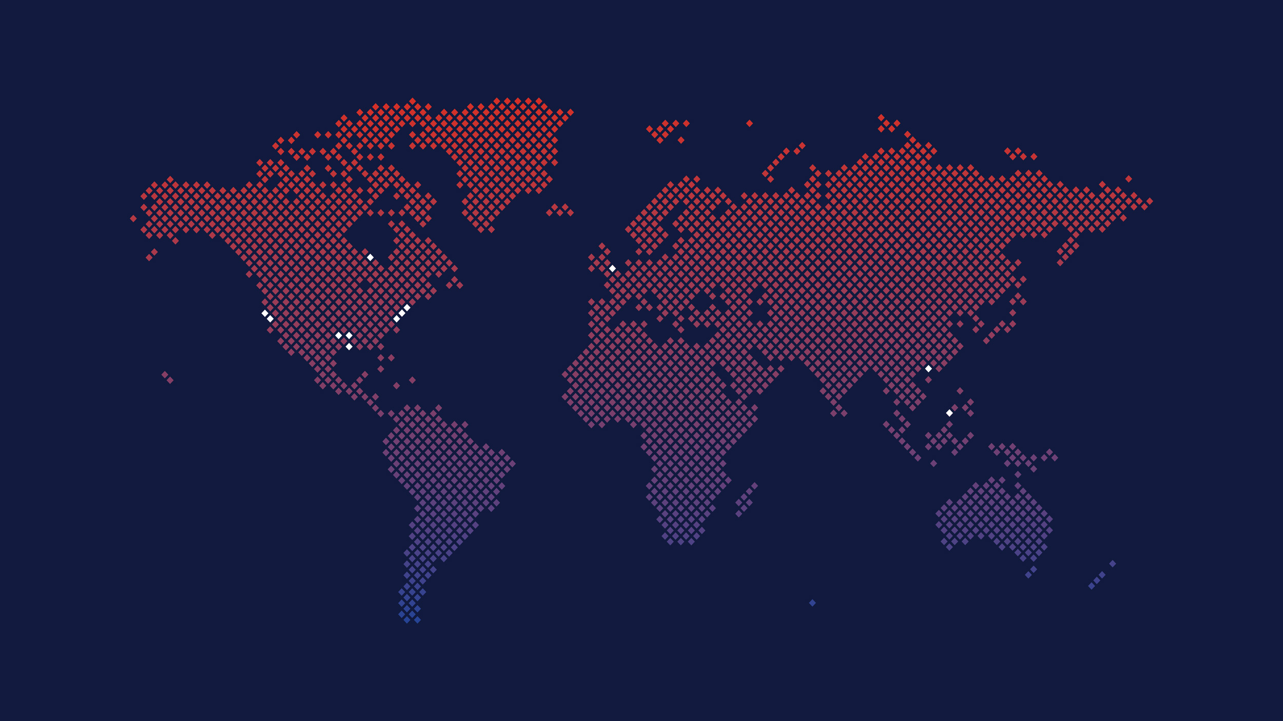 World map with continents in stylized red and blue diamonds on a navy background. White diamonds show the general location of Hamm Institute outposts with several in the US, one in Europe, one in China and another in the Phillipians