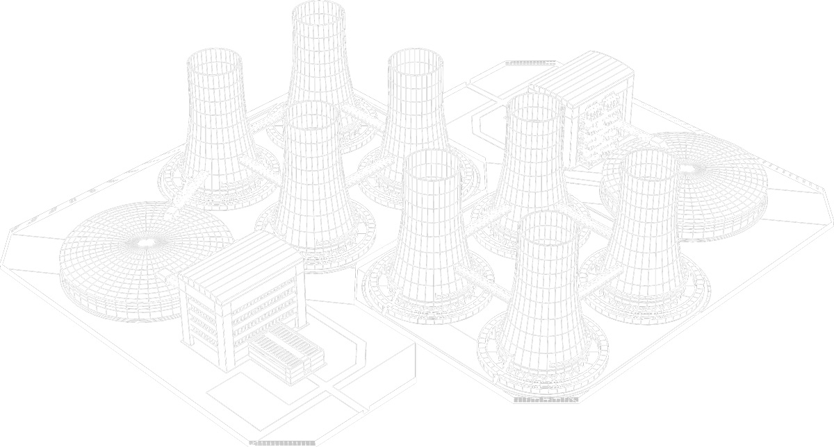 Line drawing of a nuclear plant from above